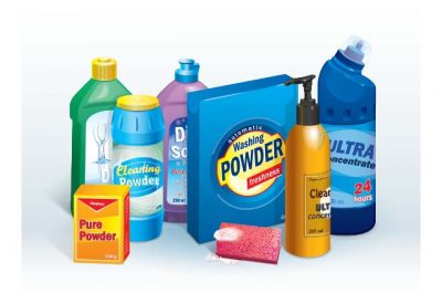 assorted display of various cleaning powder or detergent available in packs or bottles