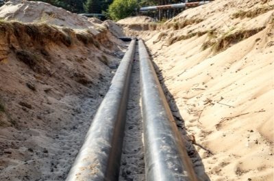 two stainless steel pipelines being laid on a site